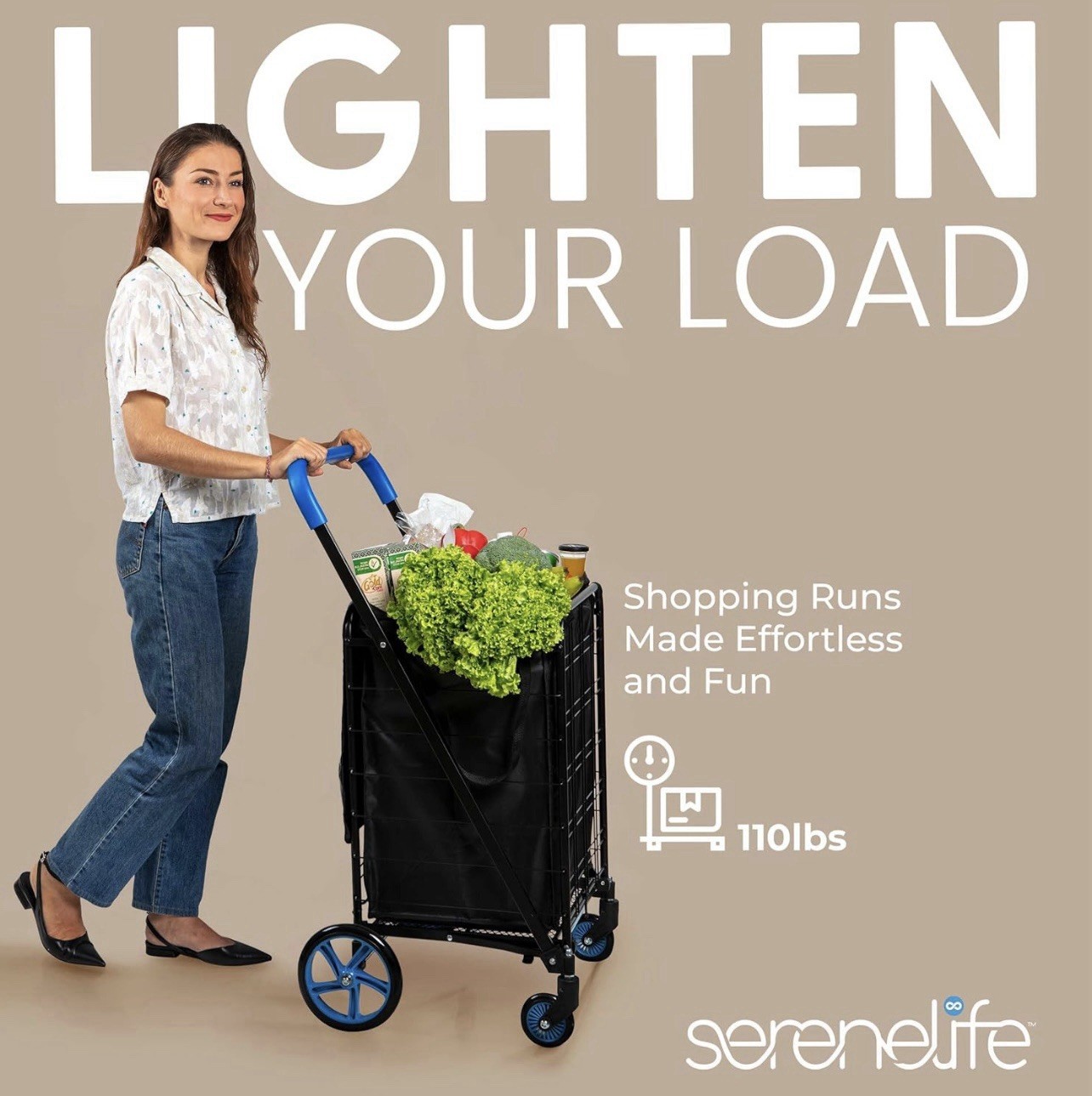 SereneLife Large Folding Utility Shopping Cart with Removable Liner – (Blue)