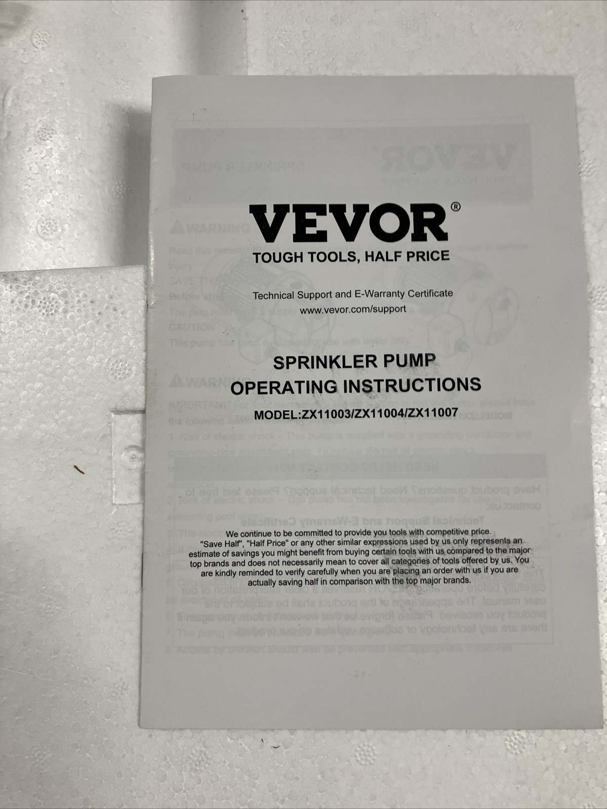 VEVOR ZX11007 1 HP Sprinkler Pump 16.6 GPM Max Flow 131′ Max Head 115 V