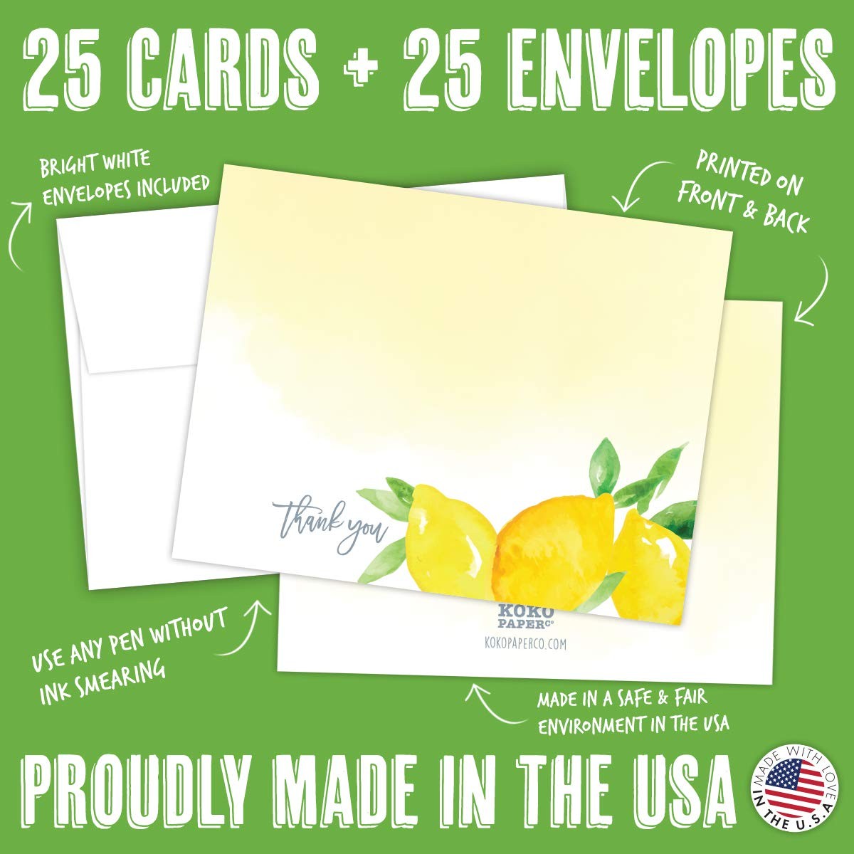 Koko Paper Co Lemon Thank You Cards | 25 Flat small, Yellow, Green, White
