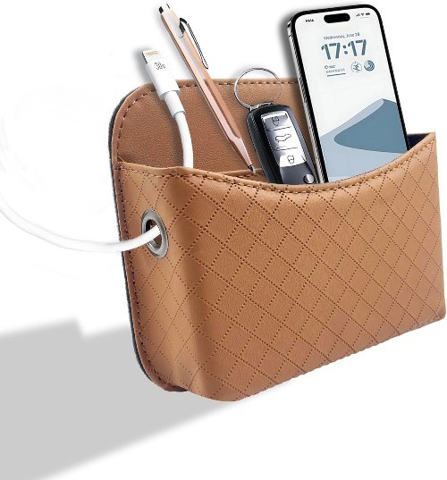Car Door Organizer, PU Leather Storage Pouch with Strong Sticky Back for Phon