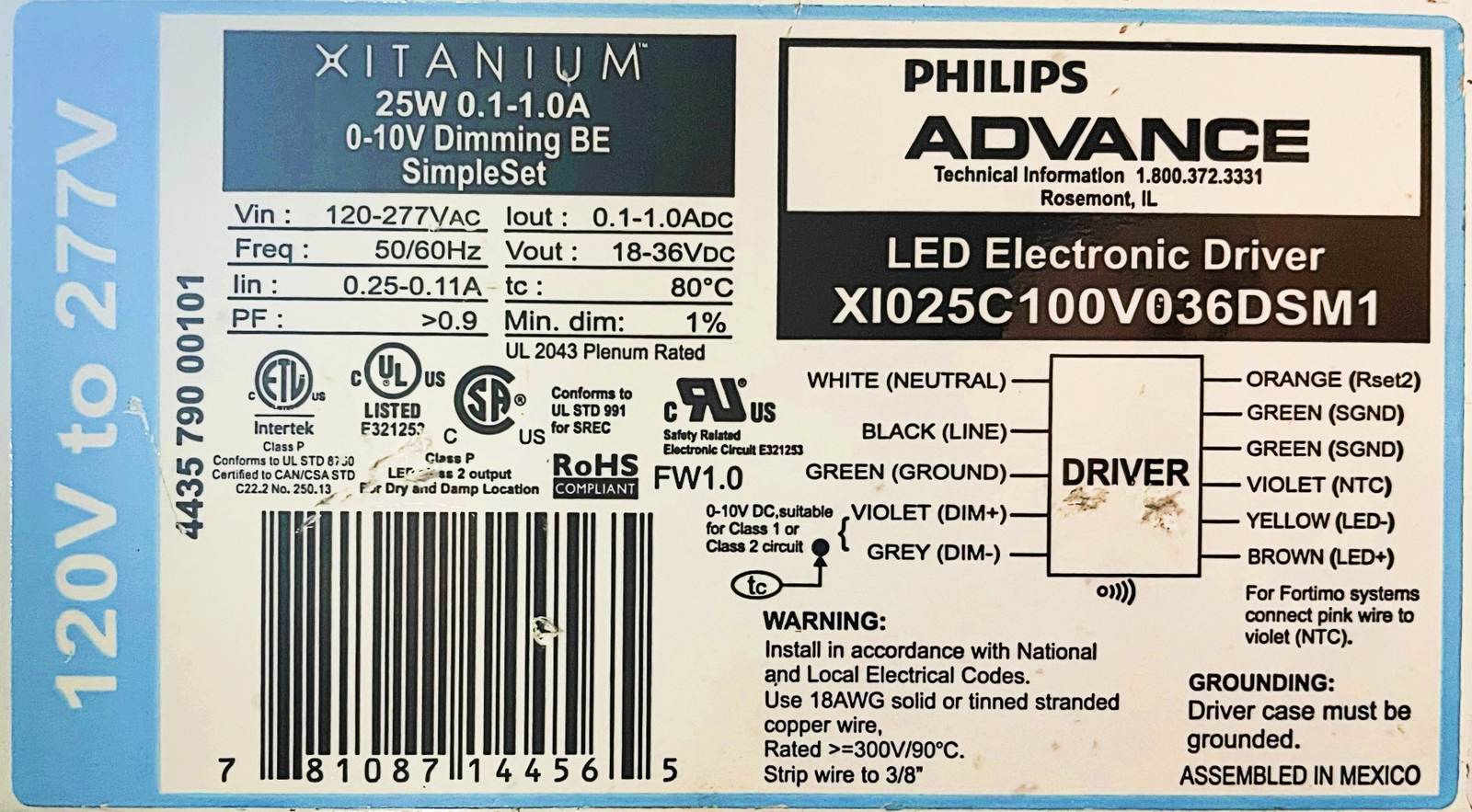 Philips Advance Xitanium XI025C100V036DSM1 LED Electronic Driver, 25 watt,