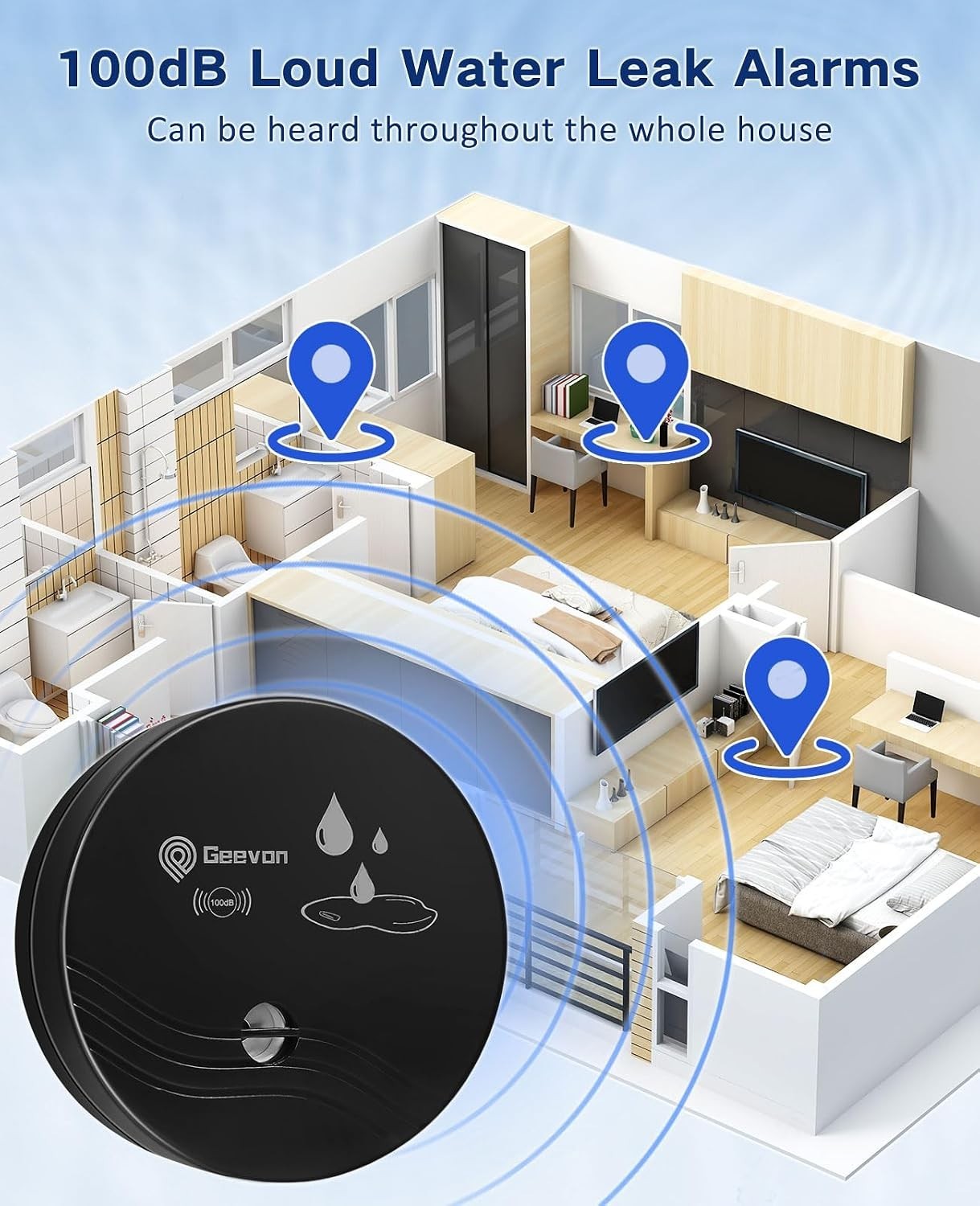 Water Leak Detector Alarm 100dB Loud Battery-Operated Home Flood Sensor