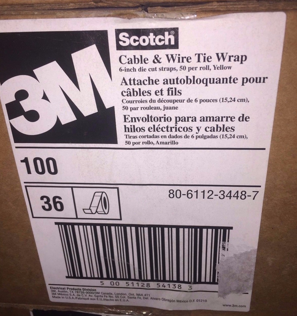 3M 100-6ST-YELLOW Hook & Loop Fastener, Tie Wraps (1 roll)