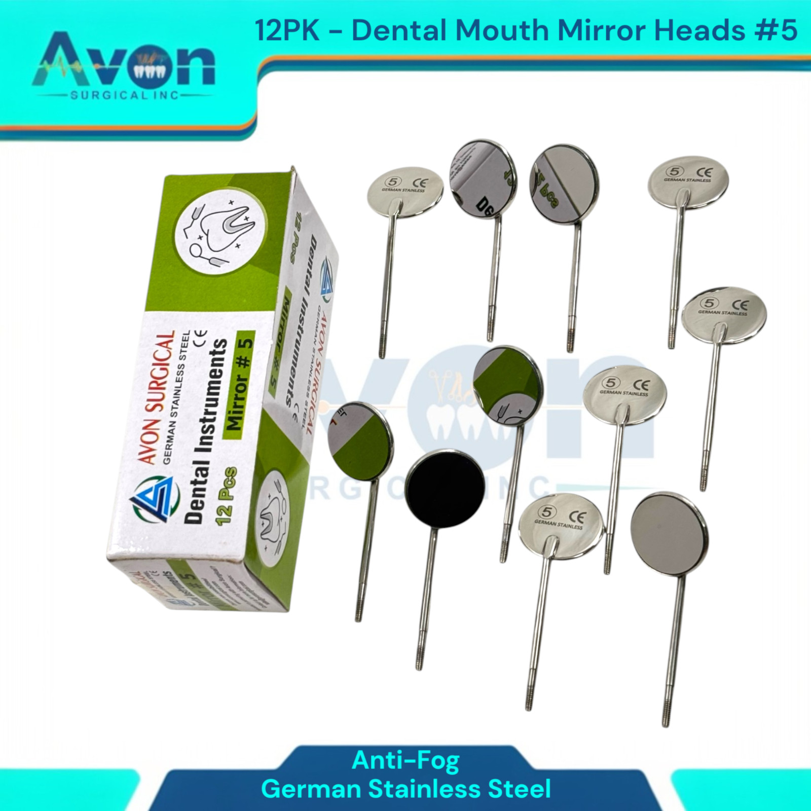 Dental Mouth Mirror Heads #5, Anti-Fog, Cone Socket | Stainless Steel (12PK)