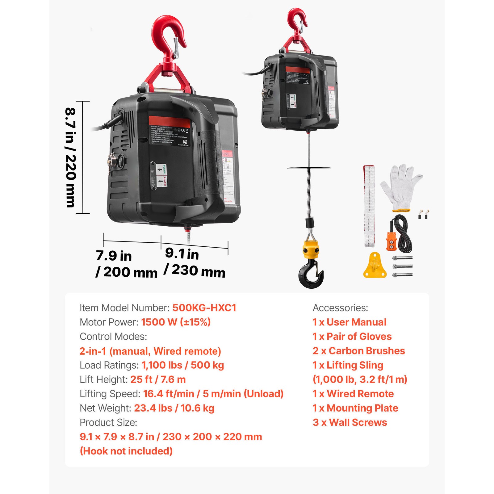Uimoso 2-in-1 Electric Hoist Winch with Wired Remote Control, 1100 lbs Capacity