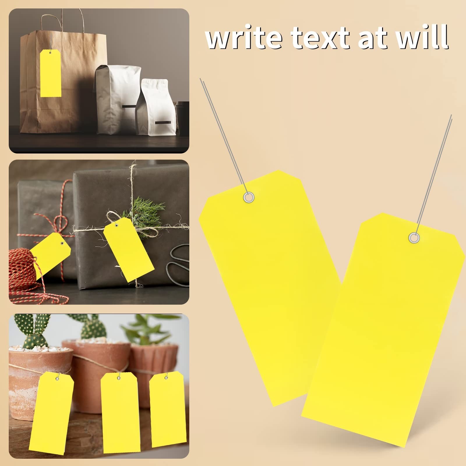 100 Pieces Yellow Plastic Shipping Tags with Wires 15mil Waterproof Blank