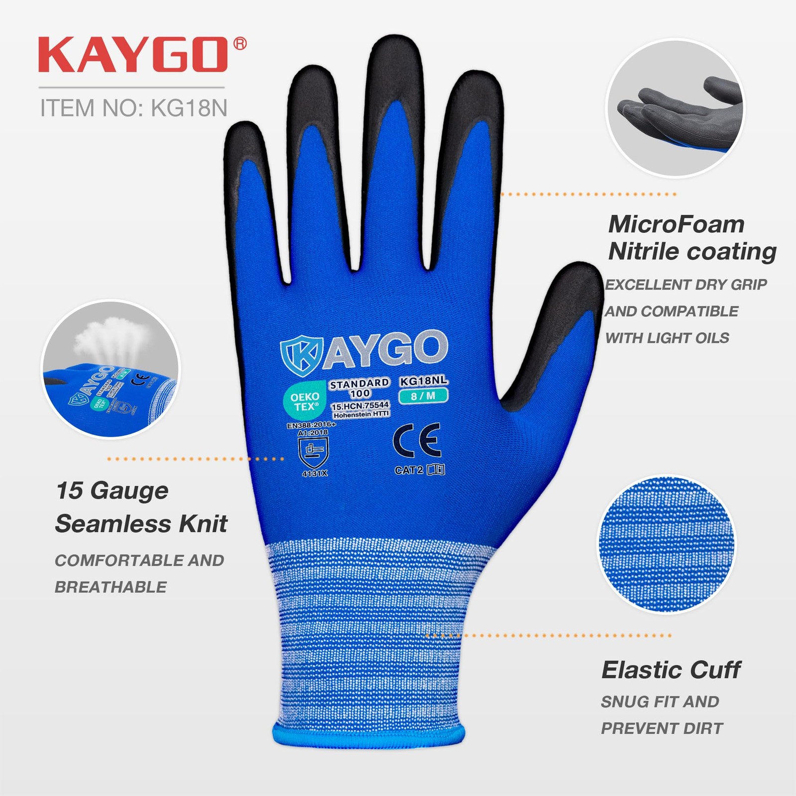 Safety Work Gloves MicroFoam Nitrile Coated 12 Pairs KAYGO KG18NB Seamless Knit