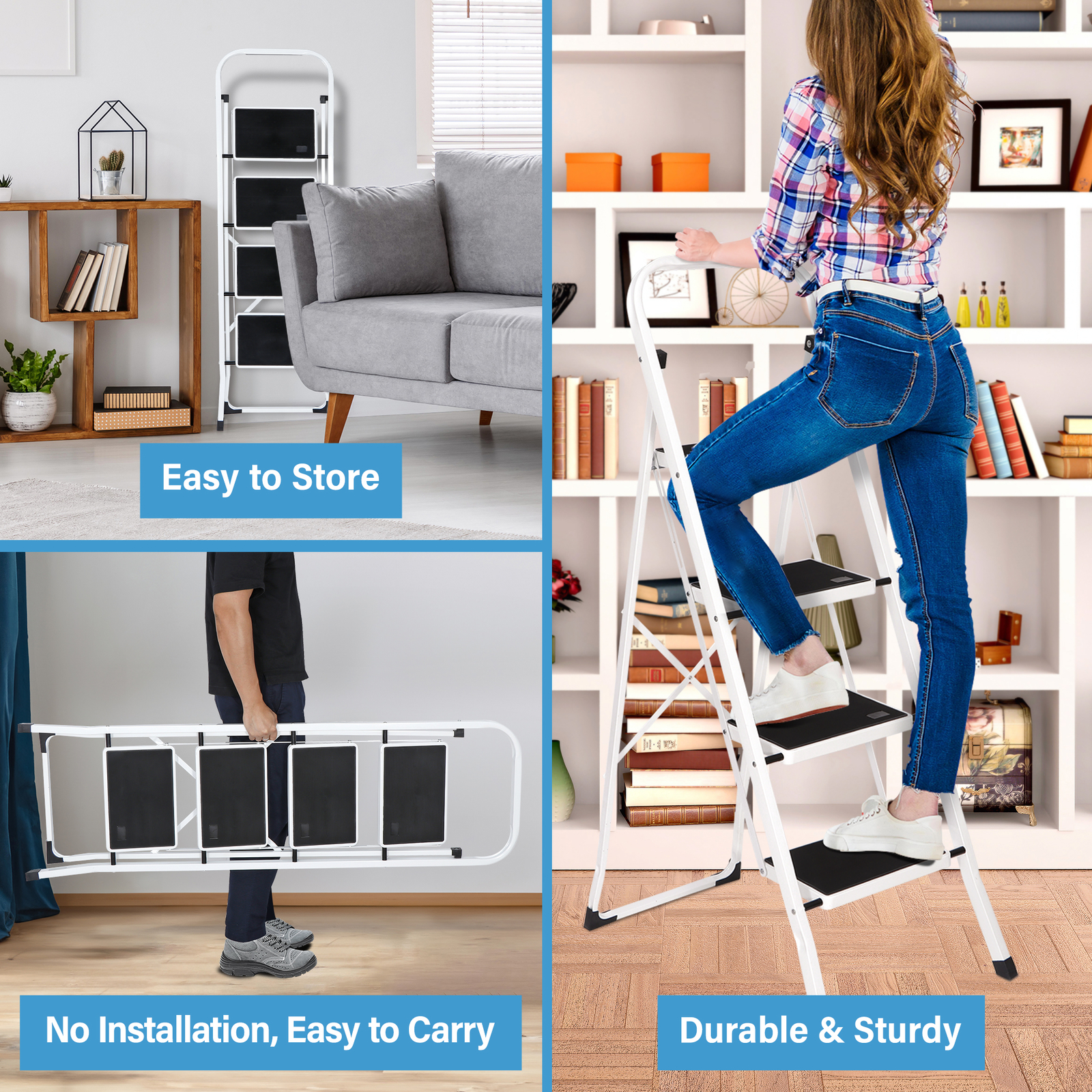 Steel Folding 4 Step Ladder Handgrip Anti-Slip Sturdy Stool Wide Pedal 330lbs