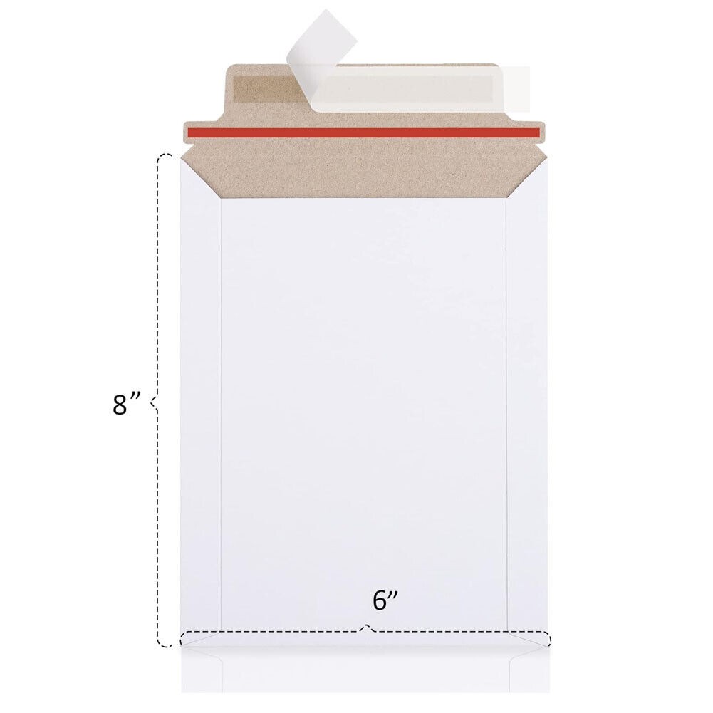 100 – 6×8 9×11.5 White Rigid Stay Flats Self-Seal Cardboard Envelope Mailers