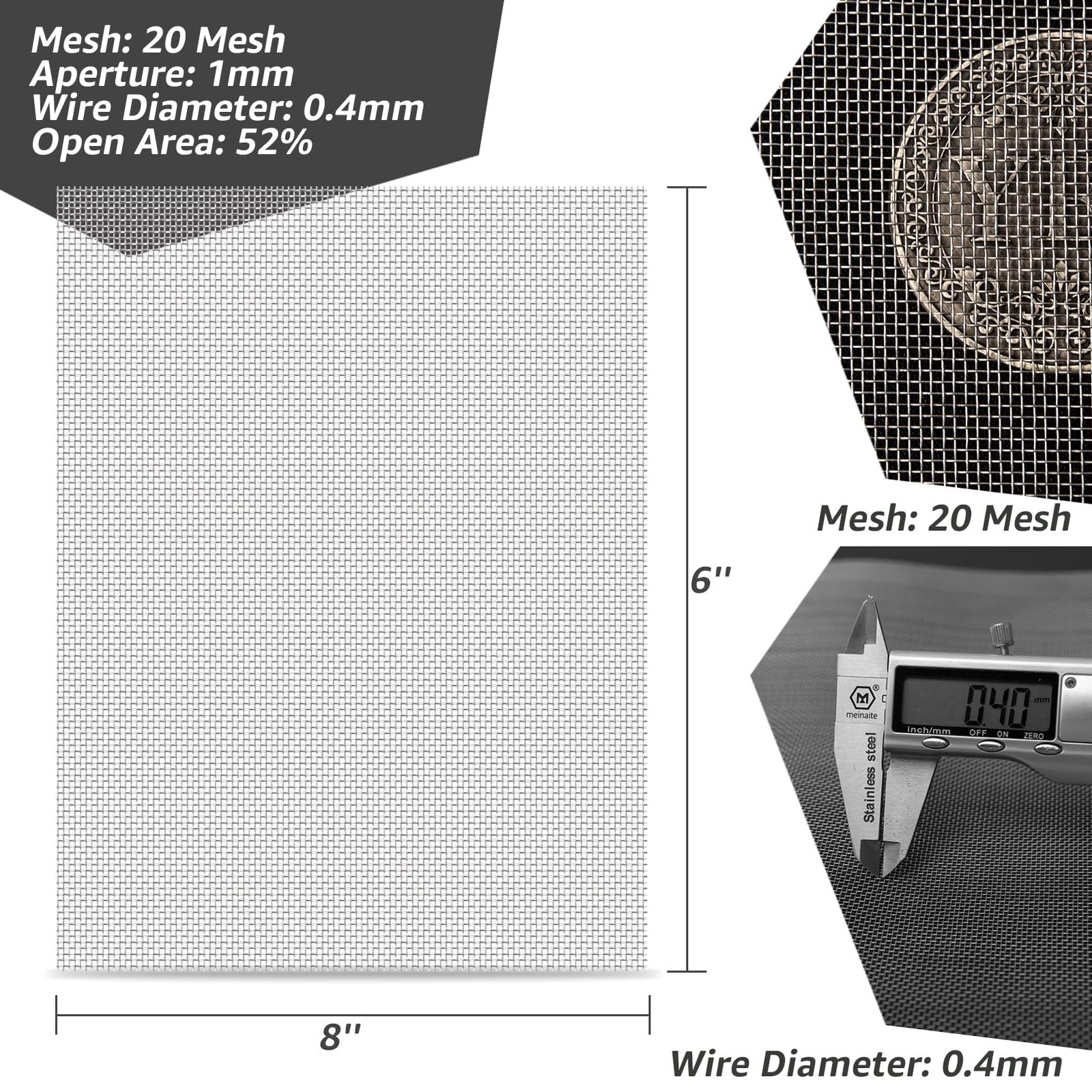 AMZDEPOT 6 Pack 6×8 Inch Wire Mesh, 20 Mesh Stainless Steel 6″x8″, black