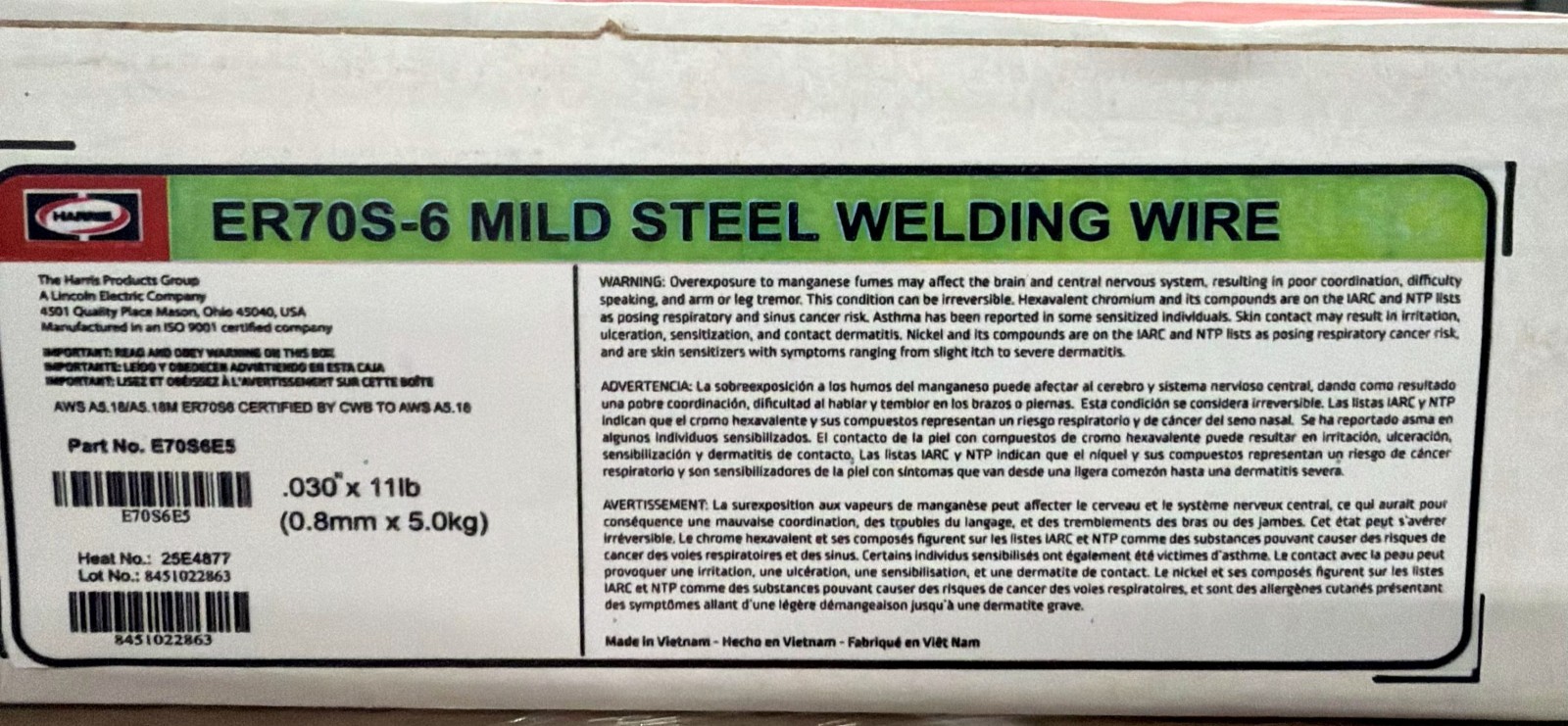 HARRIS E70S6E5 ER70S-6 .030 X 11 LB SPOOL MILD STEEL SOLID MIG WIRE