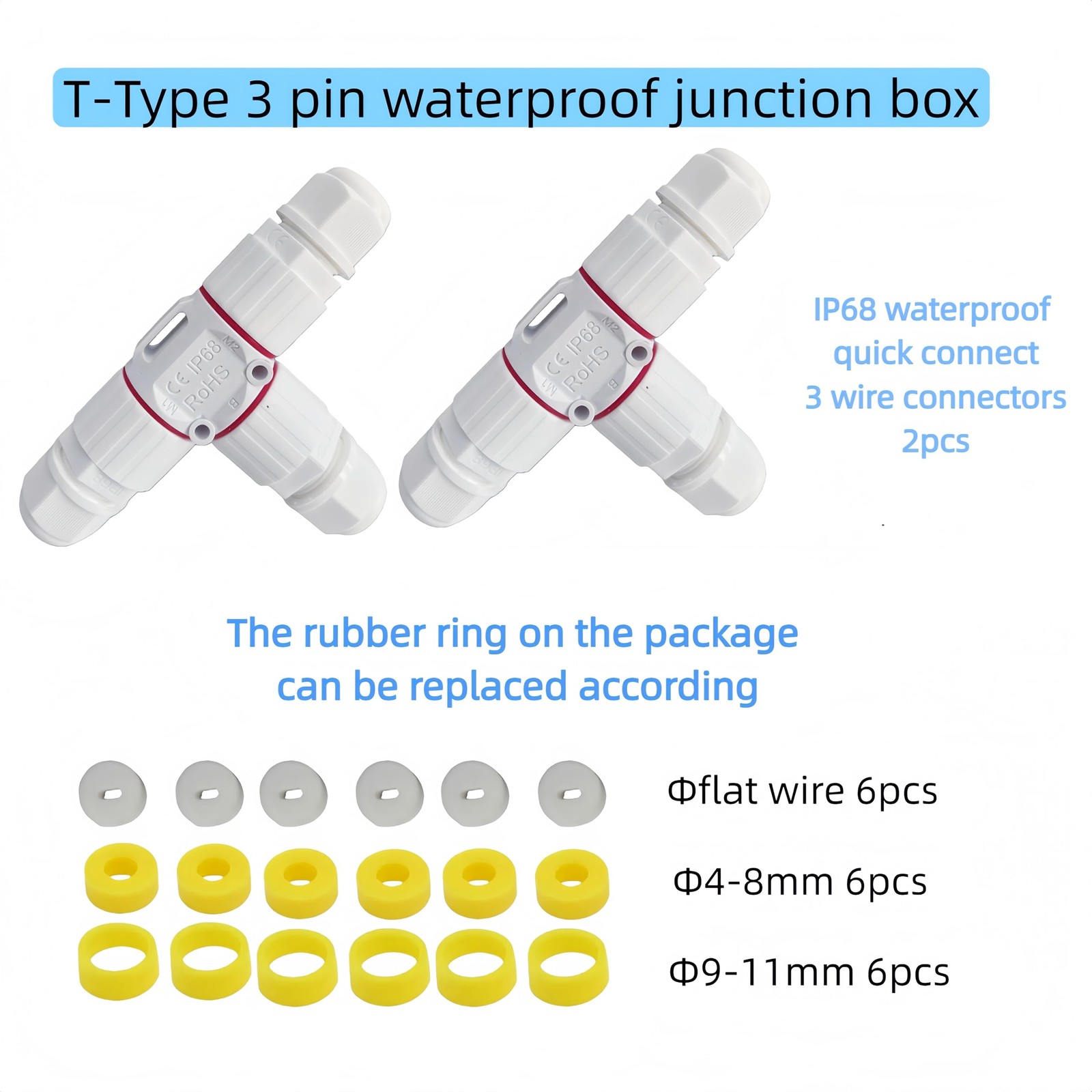 T-Type Waterproof Cable Connectors 3 Way IP68 Rated 450V 24A – for Outdoor LED