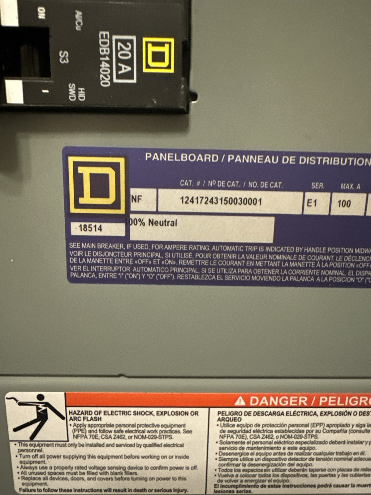 Square D NF Panelboard E1 Ser. 100 Amp. 480/277V 3Ph