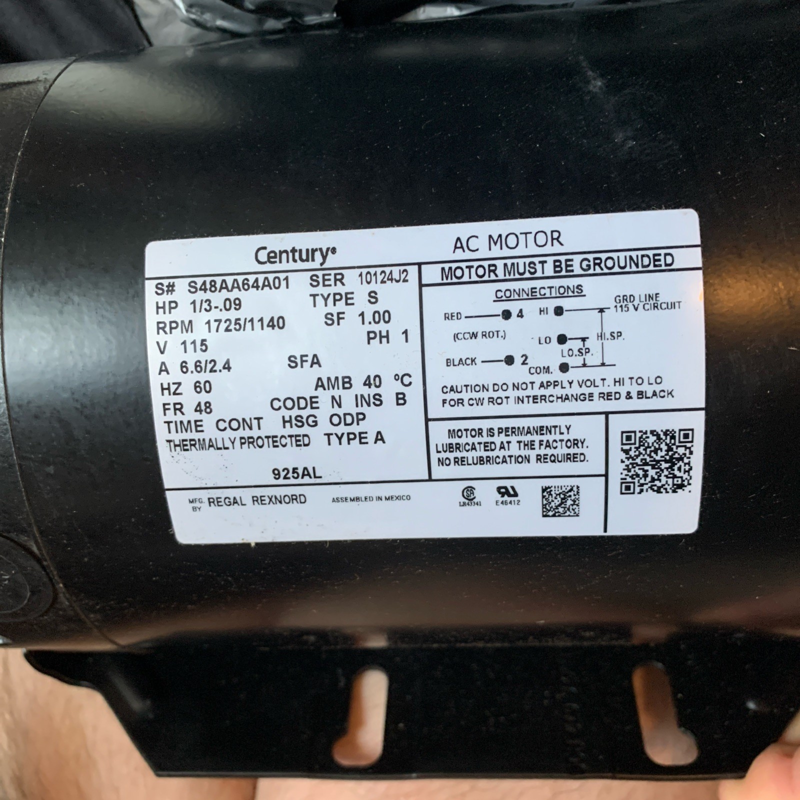 Century 925AL 1/3-1/11 hp, 1725/1140 RPM, 115 volts, 48 Frame, ODP, Ball B…