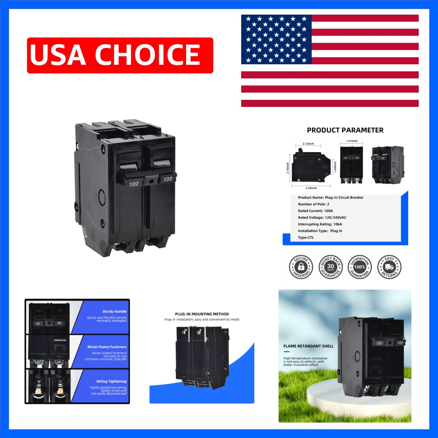 100 Amp Breaker, 2 Pole Circuit Breaker 120/240VAC 10KA Plug-in Mount