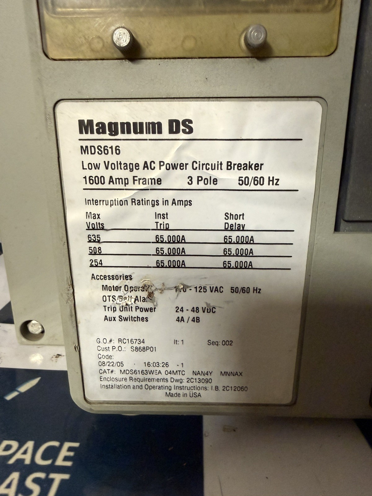 EATON CUTLER-HAMMER MAGNUM DS MDS6163WEA 1600AMP LOW VOLTAGE AC CIRCUIT BREAKER