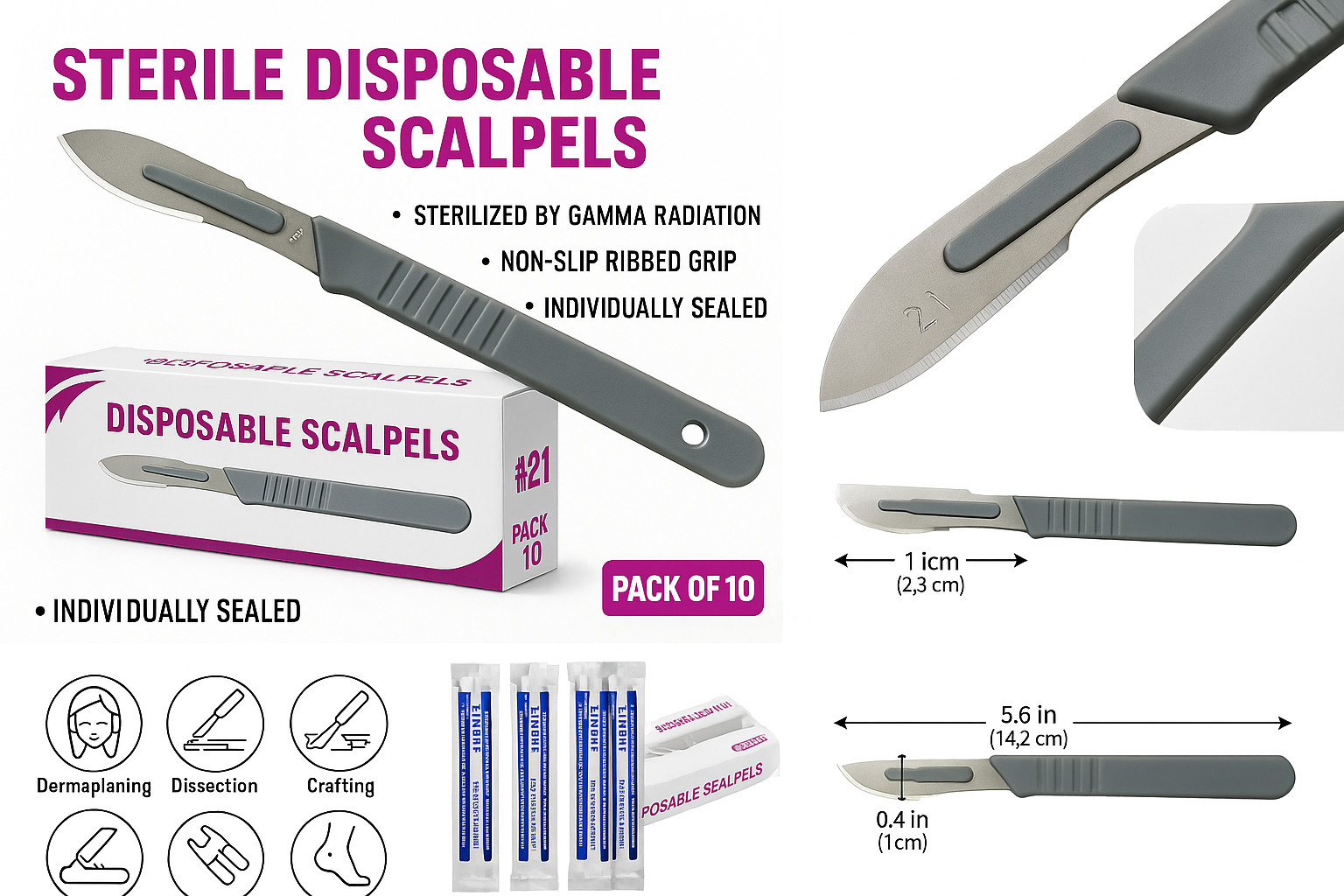 PACK OF 10 STERILIZED DISPOSABLE SCALPELS #21-SINGLE USE – DISSECTING, SURGICAL