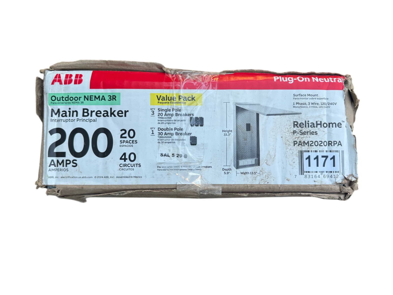 ABB 200A 20 Space 40 Circuit Outdoor Main Breaker Panel PAM2020RPA *READ*