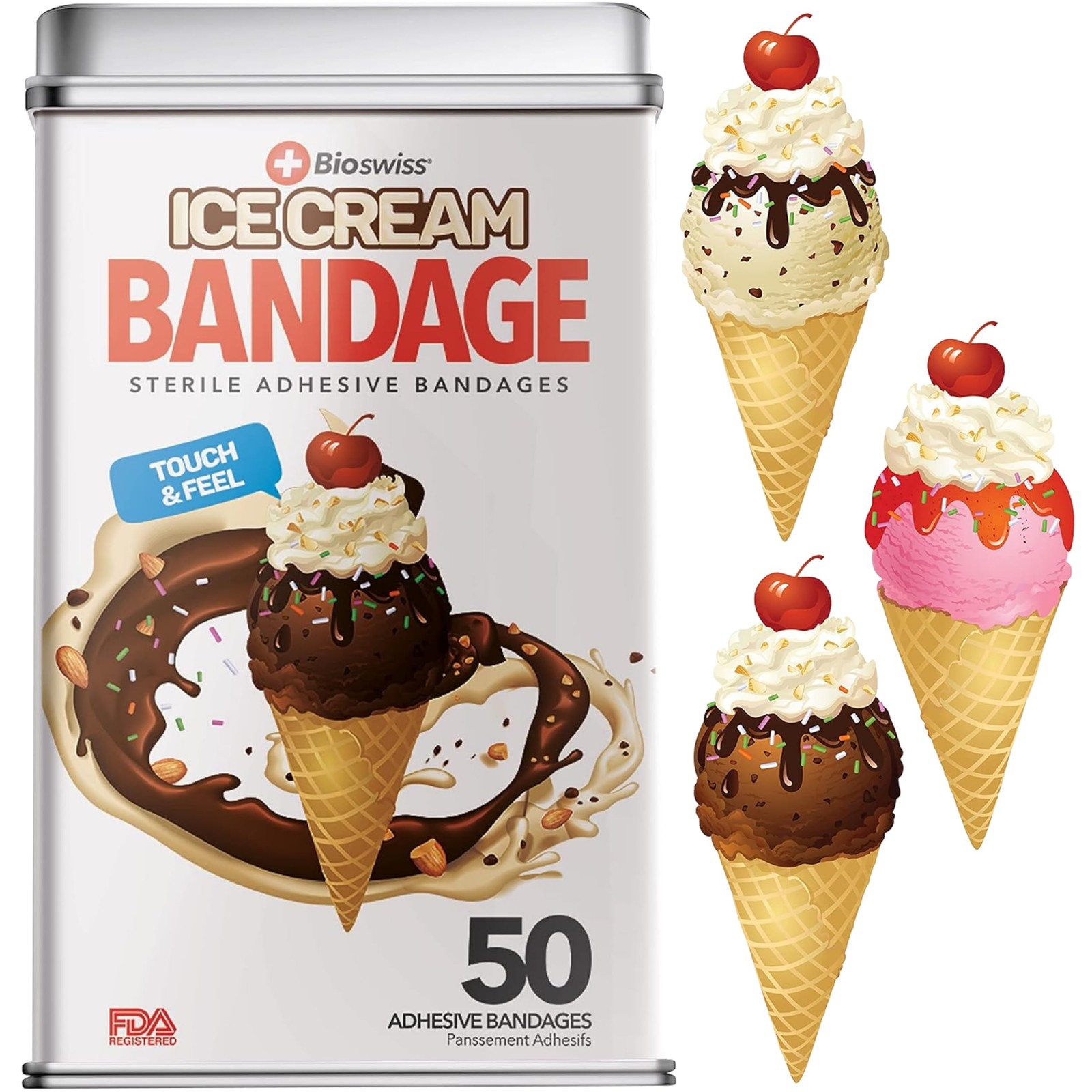 BioSwiss Bandages, Ice Cream Shaped Self Adhesive Bandage Set, Latex 50 Count