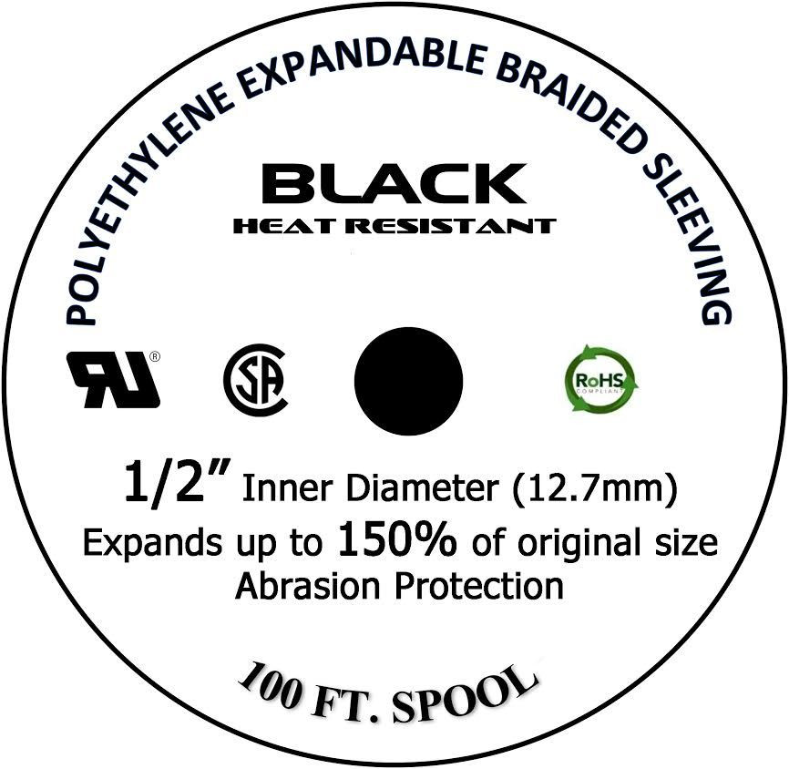 100 FT 1/2″ Black Expandable Wire Cable Sleeving Sheathing Braided Loom Tubing