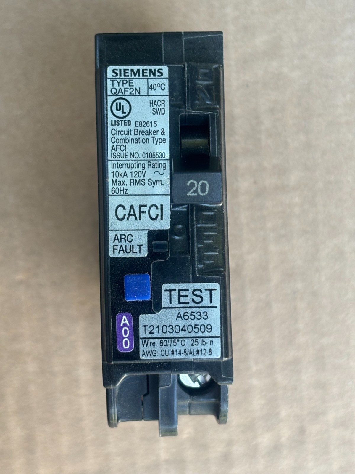 NEW – NO BOX – SIEMENS QA120AFCN 1POLE 20AMP AFCI ARC FAULT BREAKER PLUG ON NEUT