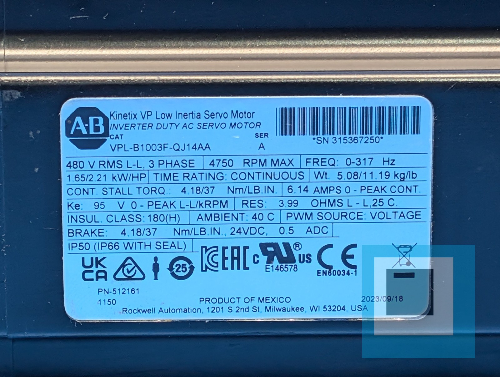 Allen-Bradley VPL-B1003F-QJ14AA Kinetix VP Low Inertia Servo Motor – USED
