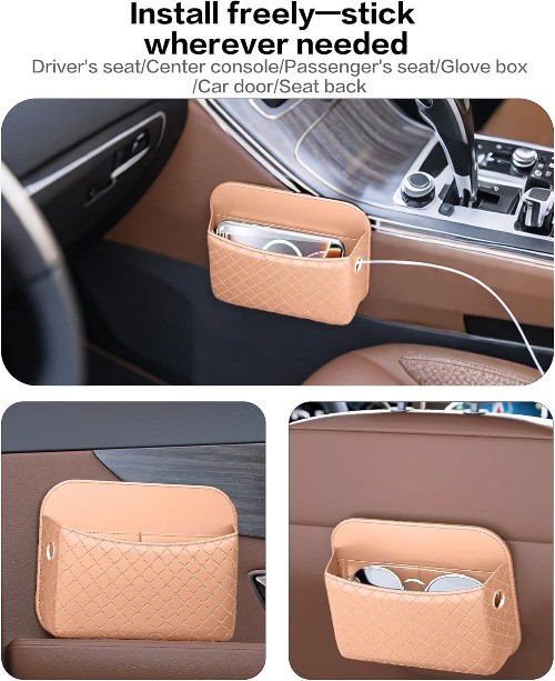 Car Door Organizer, PU Leather Storage Pouch with Strong Sticky Back for Phon