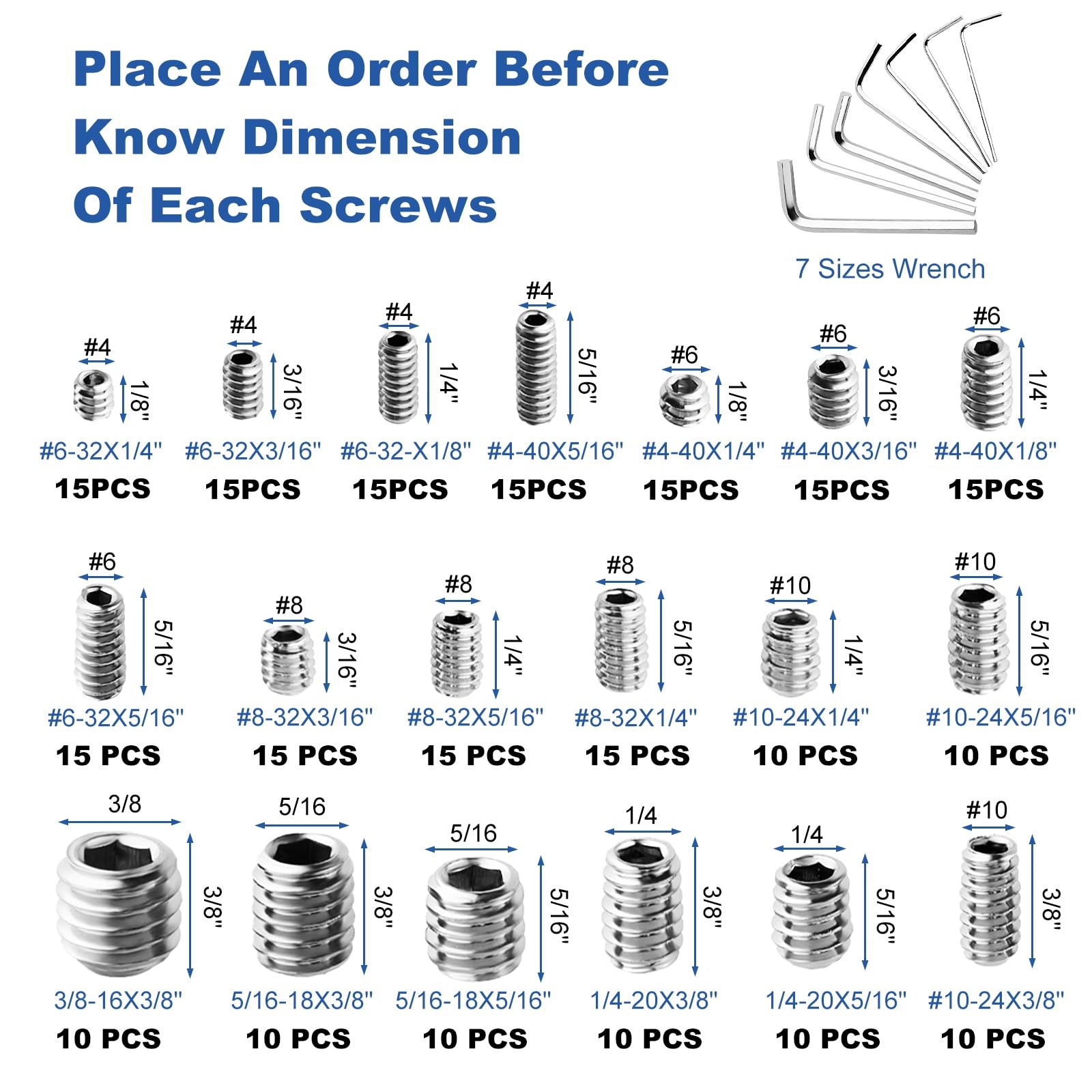 245 Pcs 19 Sizes Set Screw Assortment Kit SAE Allen Head Grub Screws for Bathro