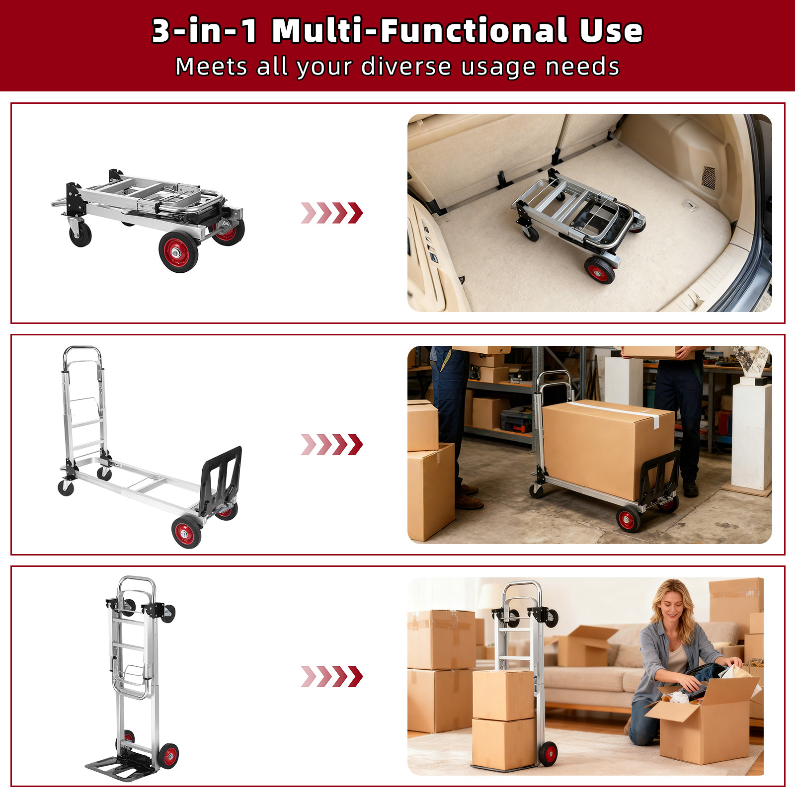 Aluminum Hand Truck 3 in 1 Folding Dolly Cart 400 lbs Capacity Heavy Duty