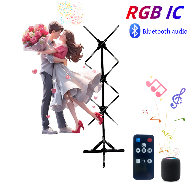 3D Holographic Fan Hologram 3-Fan Projector LED Light RGB Sign + Stand 63″
