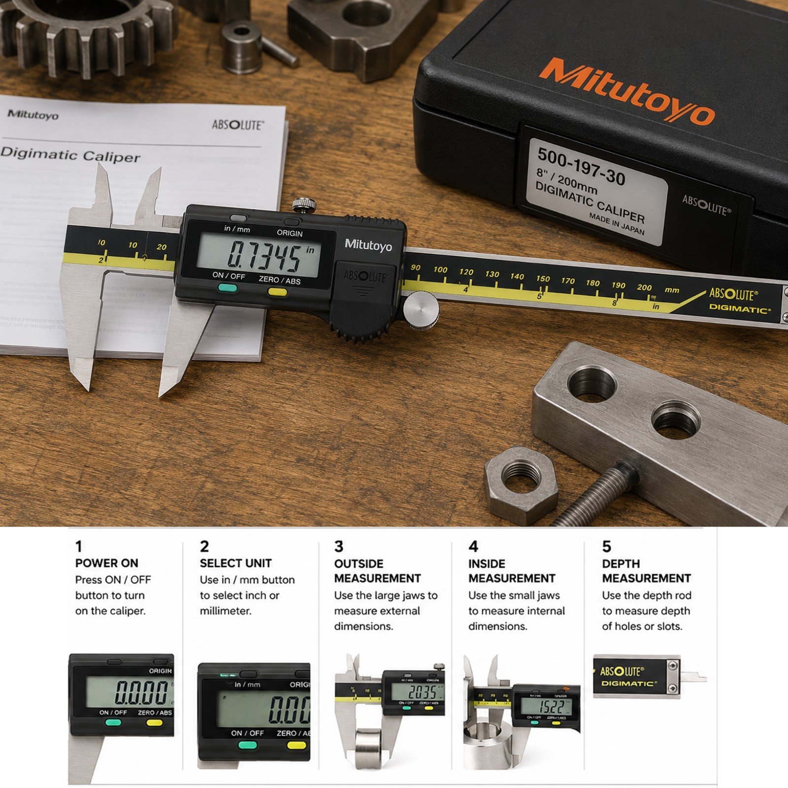 Mitutoyo 500-197-30 8″ (200mm) Absolute Digimatic Digital Caliper LCD Display