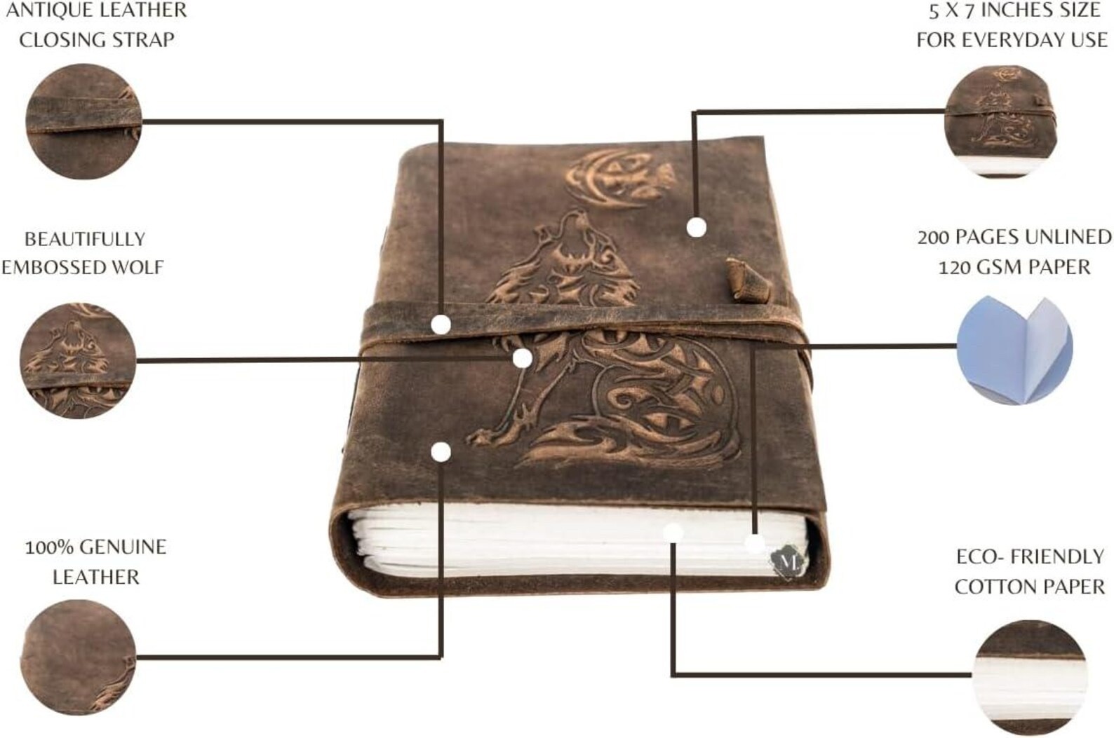 Handmade Leather Journal with Wolf, 200 Unlined Pages Diary | B1G1 Free
