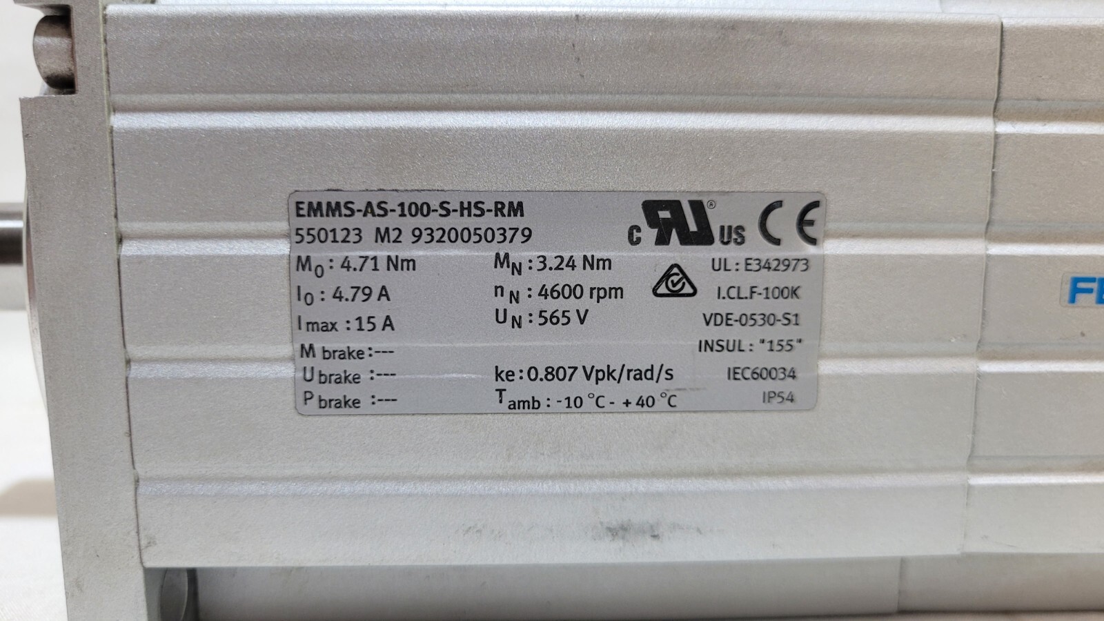 Festo EMMS-AS-100-S-HS-RM Servo Motor 15A, 565V, 4600rpm, 550123