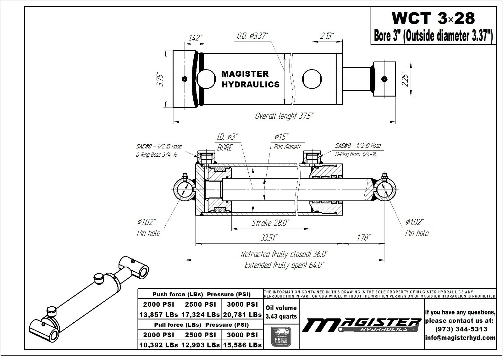Hydraulic Cylinder Welded Double Acting 3″ Bore 28″ Stroke Cross Tube 3×28 NEW