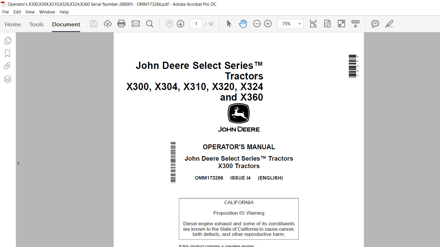 John Deere X300 X304 X310 X320 X324 X340 X360 Technical & Operator’s Manual USB