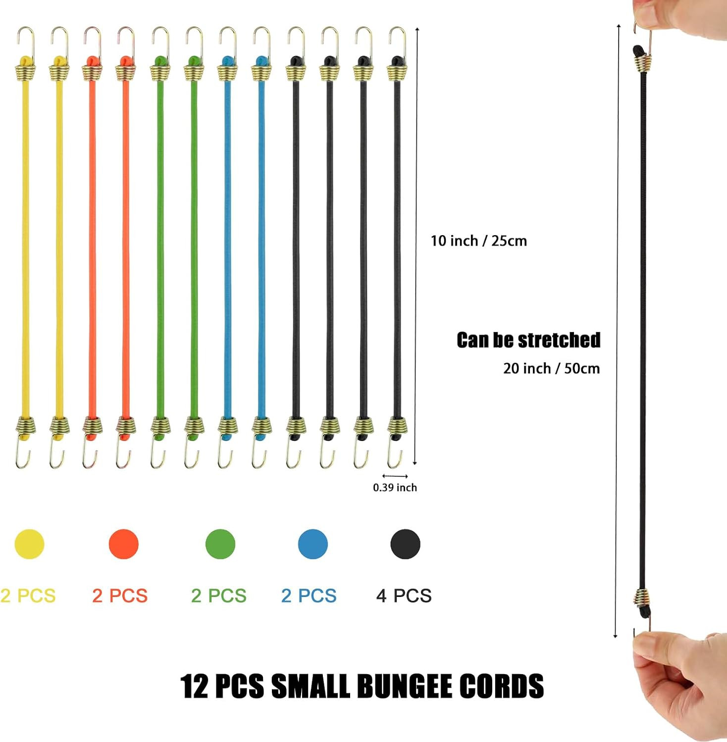 Small Bungee Cords with Hooks 12 Pack, 10″ Mini Adjustable Rubber Stretchy