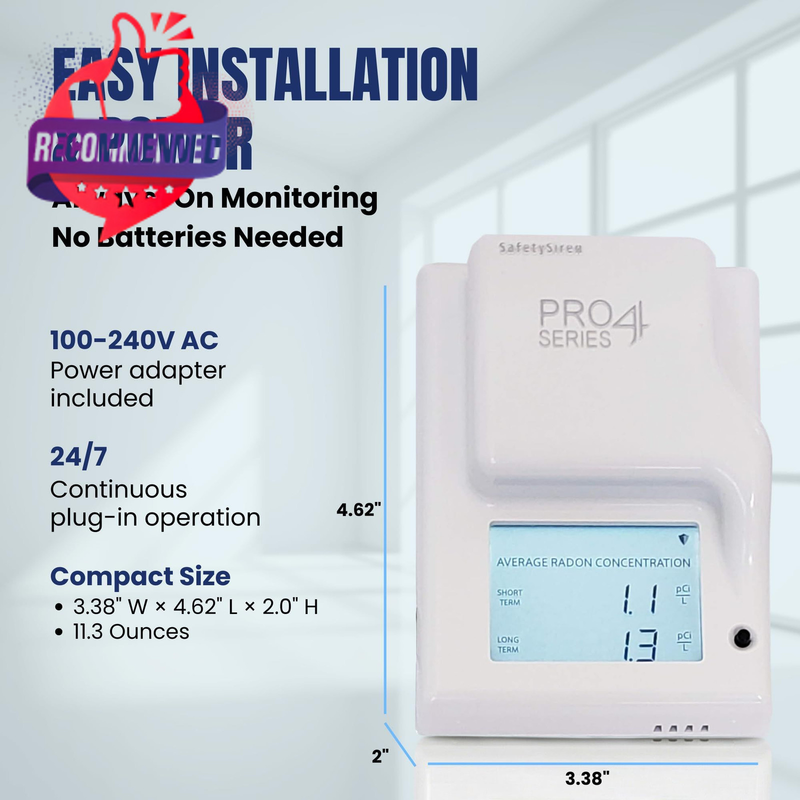 Safety Siren Pro4 Plug-in Radon Detector, Continuous Radon Gas Monitoring With