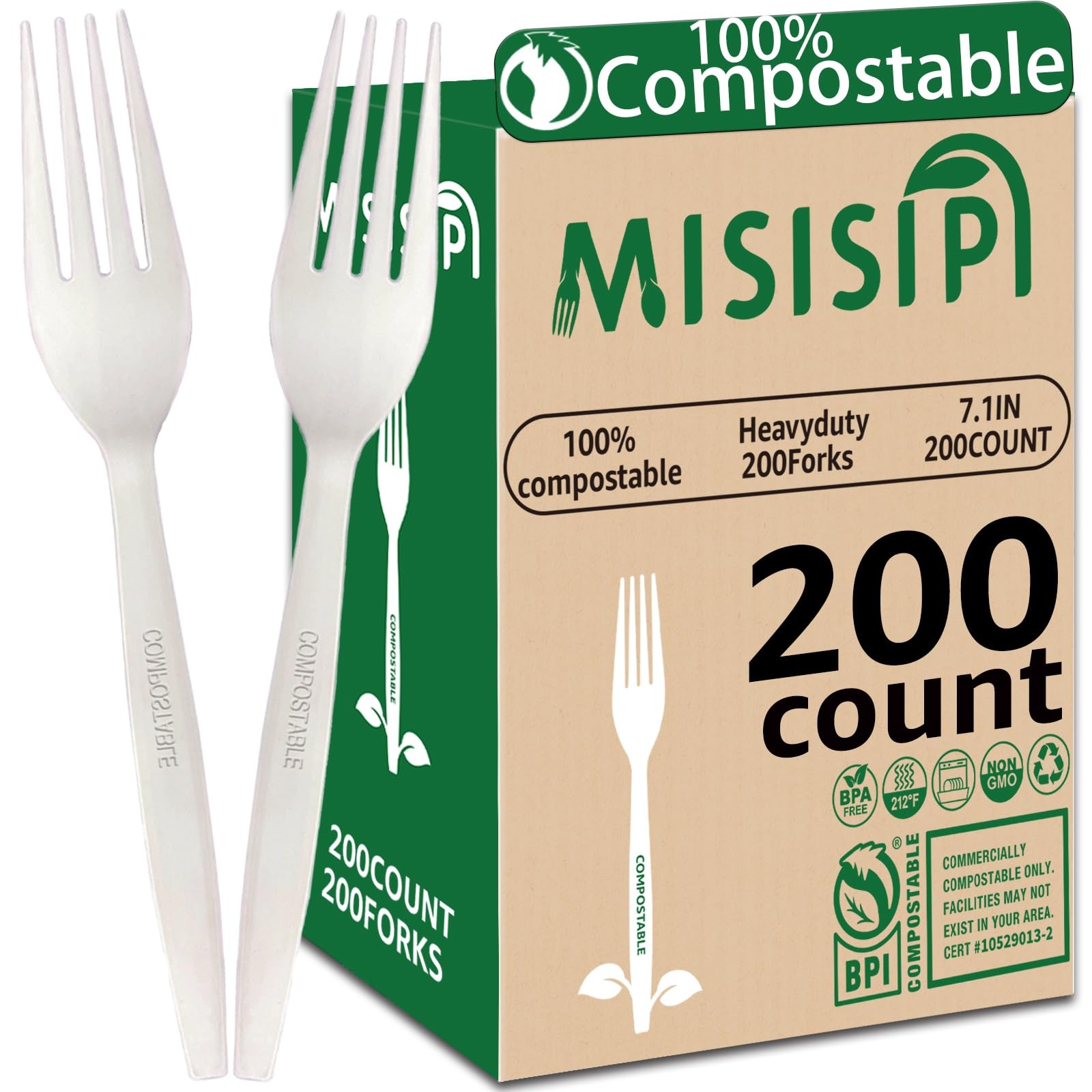 MISISIPI [7.1In 200Pcs] 100% Compostable Forks Biodegradable 7In, White