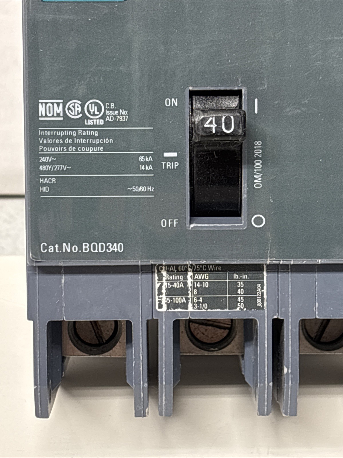 Siemens BQD340 3-Pole 40 Amp, 480V Circuit Breaker 40A BQD