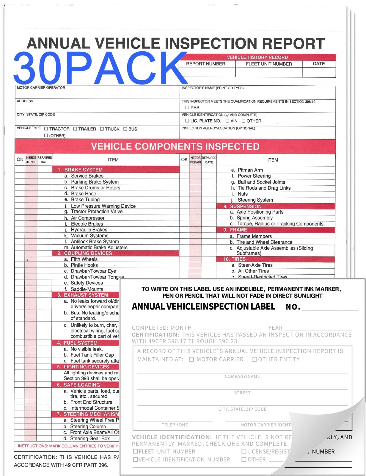 Annual Vehicle Inspection Report Form 30pk 3Ply Carbonless,Adhesive Vinyl Lab…