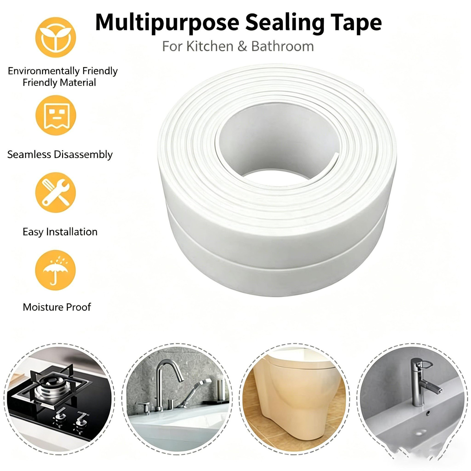 Waterproof Caulk Tape, Self-Adhesive Sealing Tape for Bathtub, Shower, White