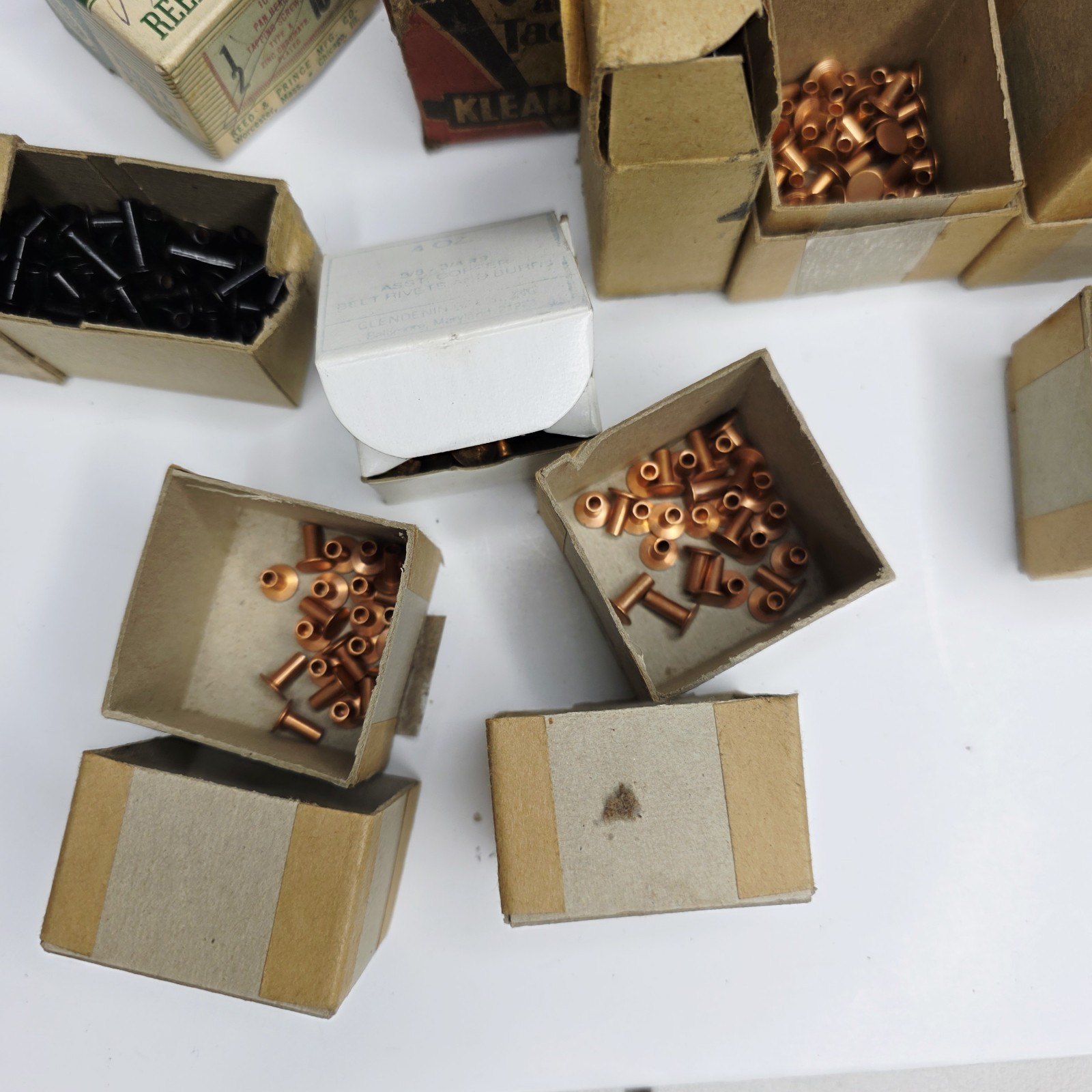 8 Pounds Vintage Copper Steel Belt Fasteners Tubular Rivets Burrs Boxes Lot Bulk