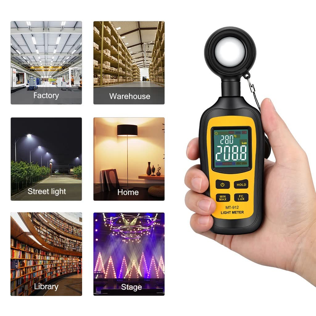 Digital Light Meter Luxmeter, 200,000 Lux Range, 4-Digit LCD, Temp Sensor