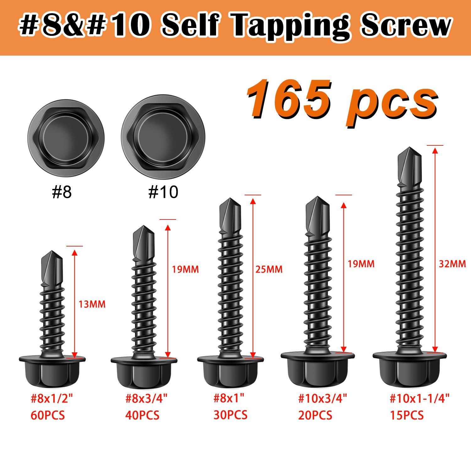165pcs #8 #10 Self Tapping Screws Set 410 Stainless Steel Black Hex Washer Head