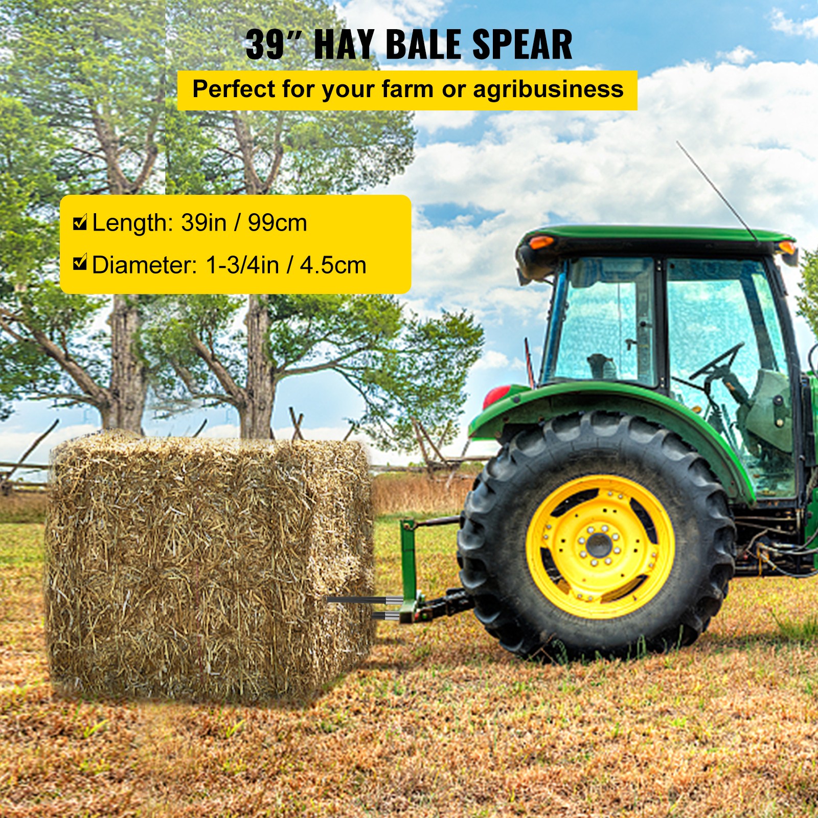 VEVOR Square Hay Bale Spear 39″ 3600 lbs Capacity Spike Fork Tine for Tractors