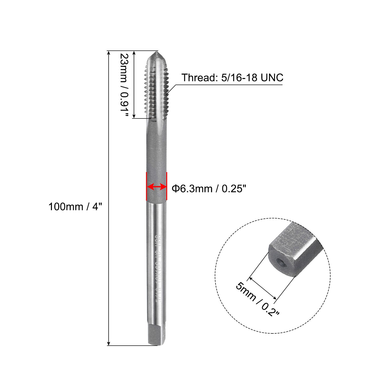 5/16-18 UNC High Speed Steel 4″ Length 3 Straight Flute Thread Tap