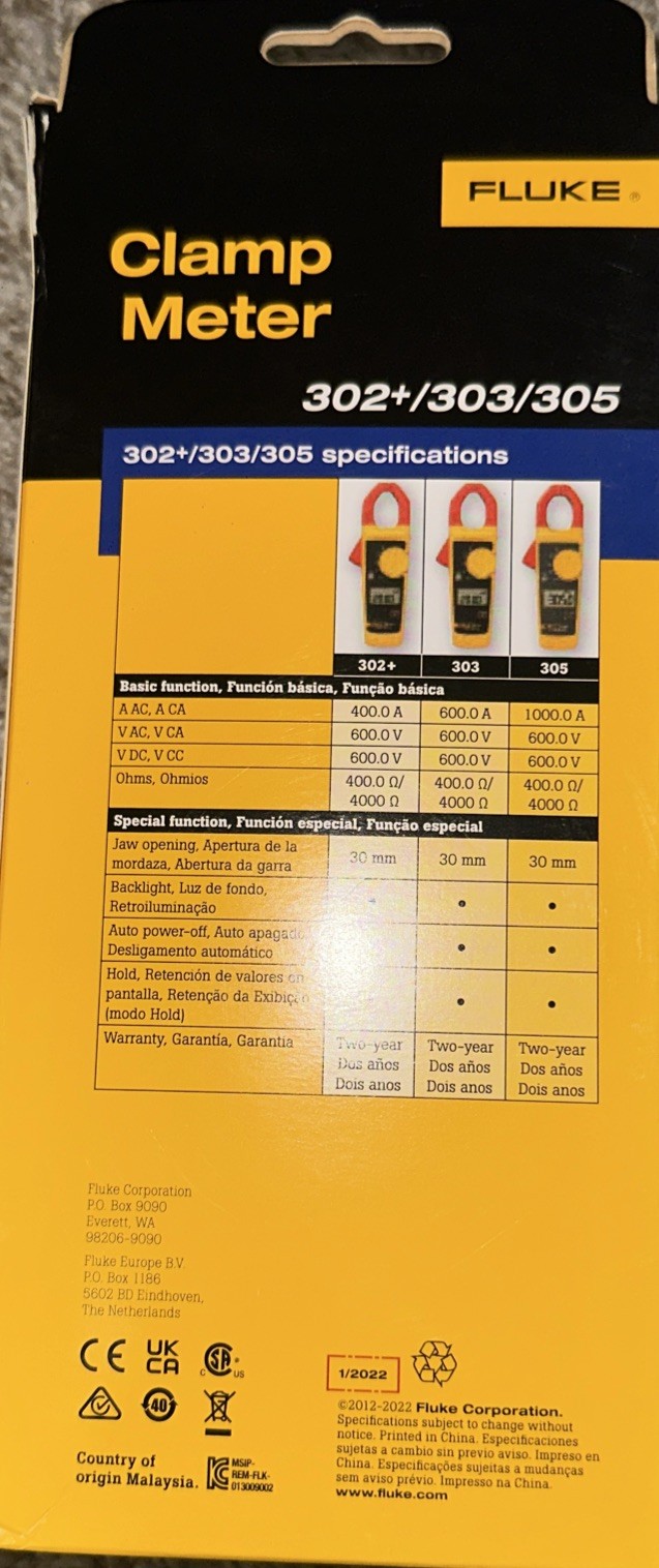 FLUKE Handheld 302+ Digital Clamp Meter Tester AC DC Volt Amp Multimeter