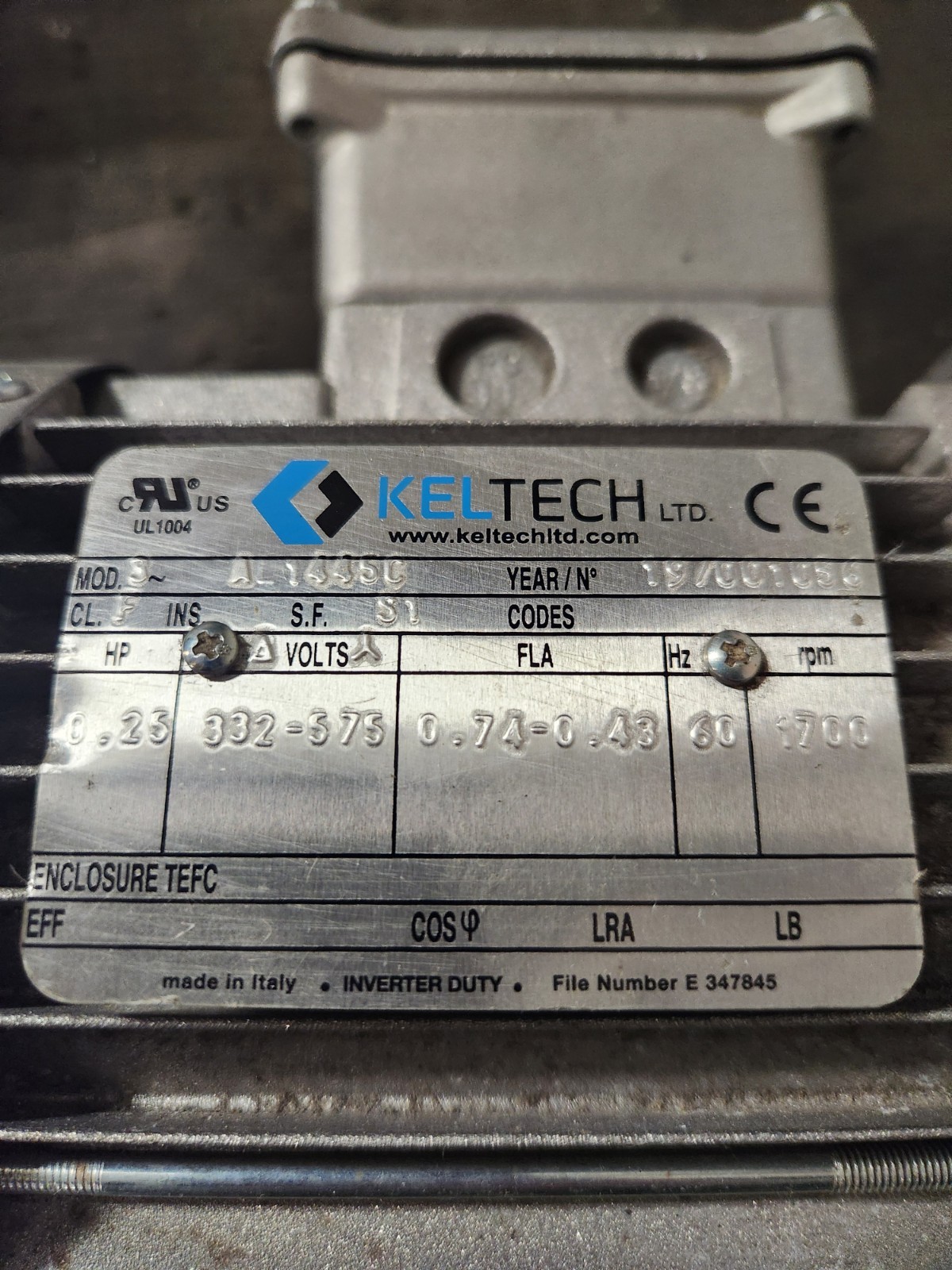 Used Keltech 1/4hp 3ph 1700 rpm AL1445C Motor