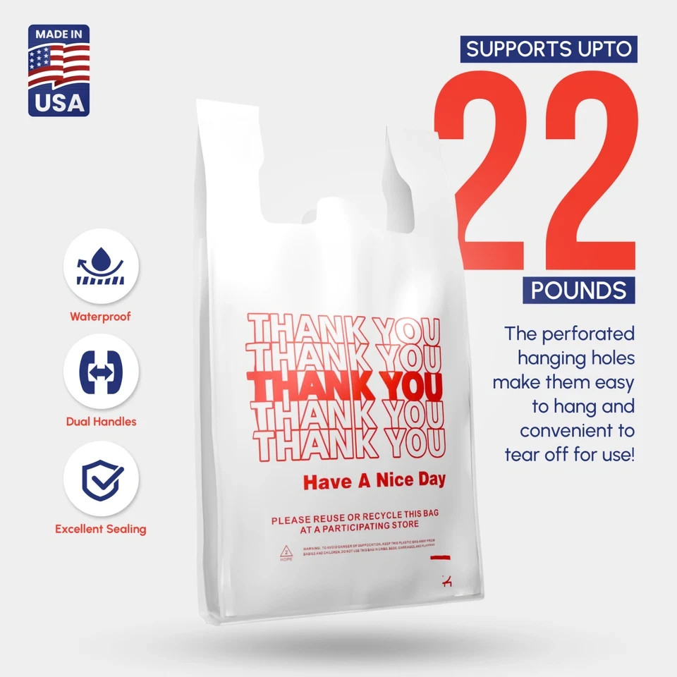 Thank You Plastic T-Shirt Bags 11.5×6.5×21 for Grocery Retail Shopping Carry Out