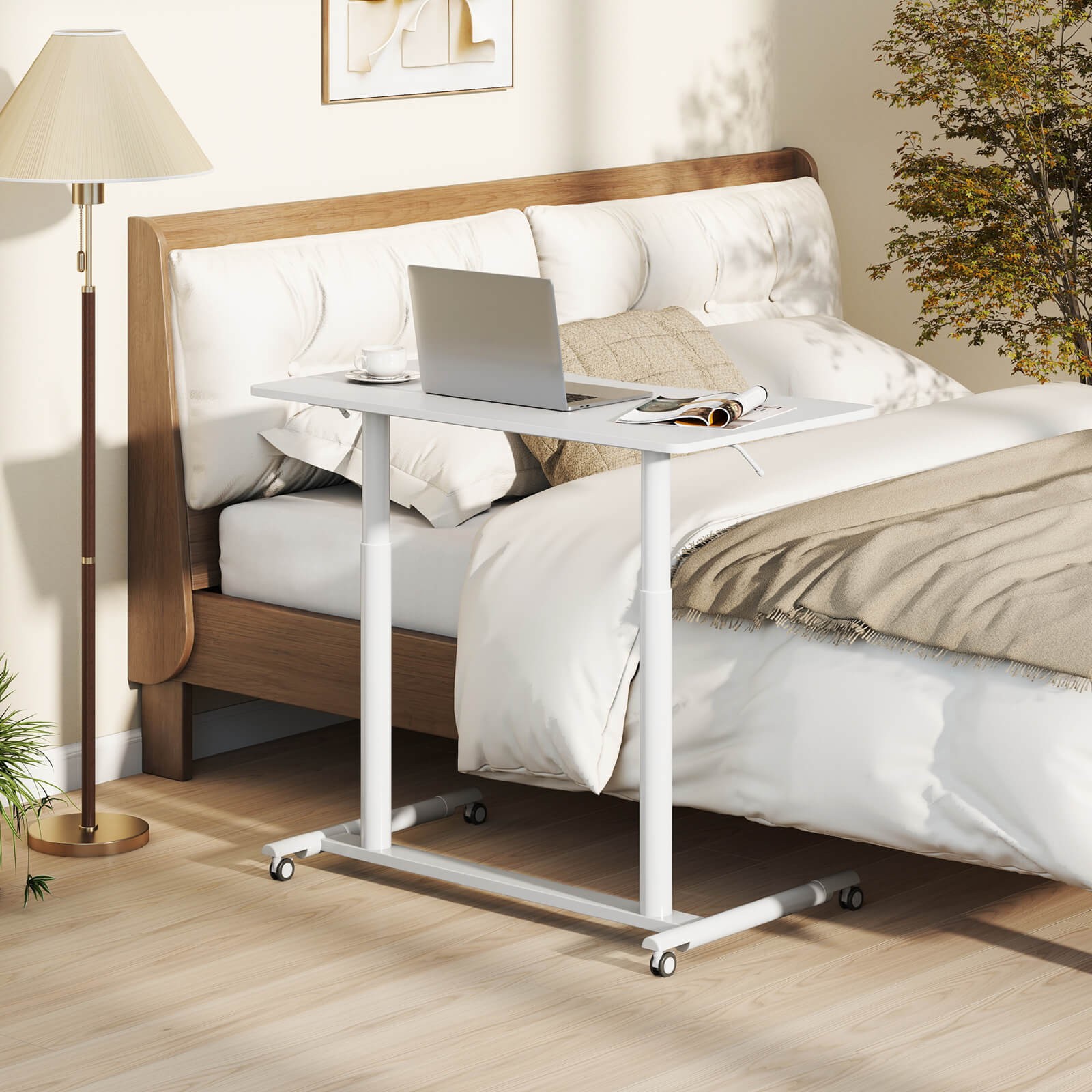 Costway Height Adjustable Computer Desk Sit Stand Rolling Notebook Table White